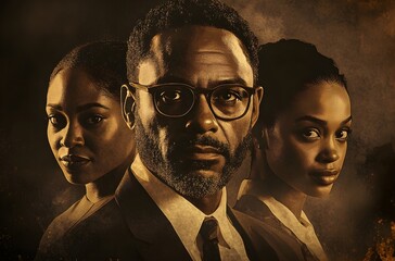 Black history month concept poster. Group of african american people looking bravely. Generative AI illustration