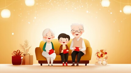 Fototapeta premium Happy grandparents enjoying time with grandchild, sharing gifts in a cozy indoor setting with warm colors