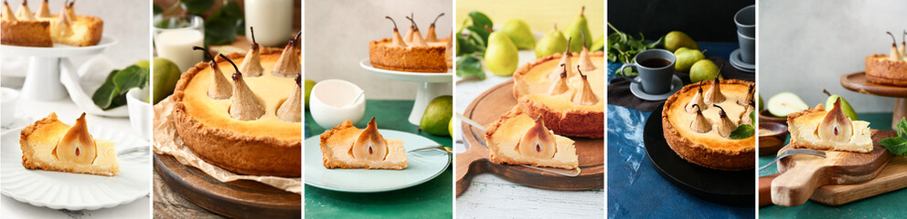 Set of tasty pear cake on table