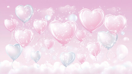 Heart shaped balloons float in dreamy pink sky with sparkles
