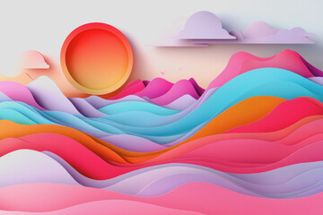 Colorful abstract landscape featuring vibrant mountains under a dynamic sky filled with clouds and shades of blue pink and orange during sunset or sunrise hours