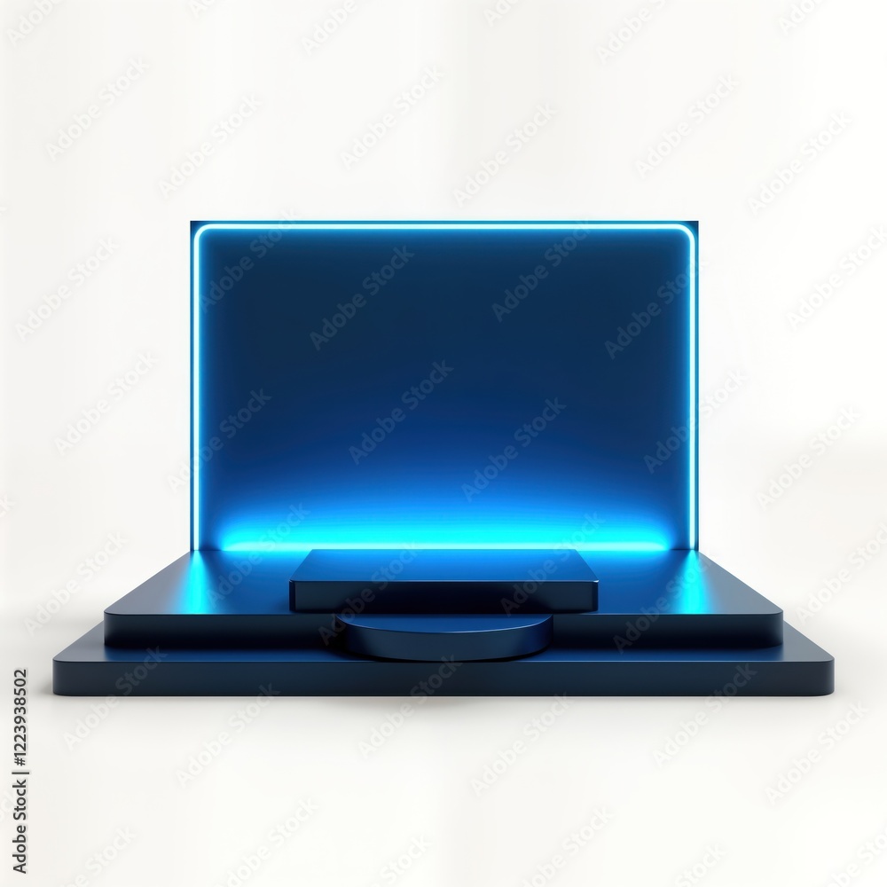 Poster futuristic blue neon lit podium ideal for displaying tech digital products. modern design platform w
