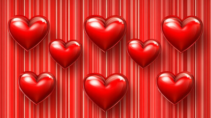 Red hearts on striped background create romantic atmosphere