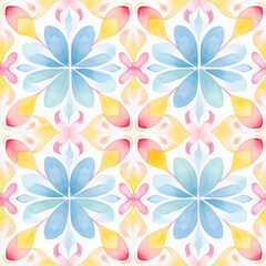 Obraz premium Cute pastel watercolor floral symmetry tile watercolor seamless pattern. Watercolor print in rustic vintage style, textile or wallpapers.