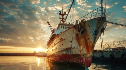 Fototapeta premium Fishing Trawler: A powerful, commercial fishing boat designed with nets and cranes, built for hauling large catches and supporting the seafood industry. 