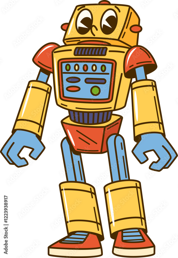 Poster Cartoon groovy retro robot character or transformer droid with funny face, vector personage. Groovy retro robot with robotic arms, display with buttons for cute cyborg bot or cyber android character