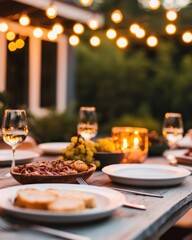 Cozy Outdoor Dinner Setup with Glowing Lights, Gourmet Cuisine, and Elegant Tableware on a Summer Evening
