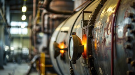 Industrial Boiler: A sizable metal tank used to create heat and steam in industrial environments, ensuring efficient operation of factories, plants, and energy systems.
