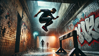 Freerunner Mid-Air Over Rain-Soaked Barrier in Neon Alley. Gritty Urban Energy and Extreme Motion