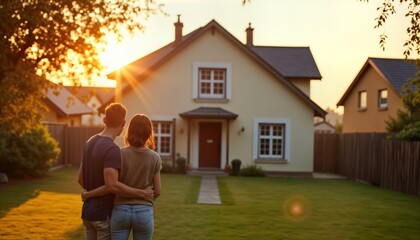 Couple stands outside new house looking at lovingly. Sunlight shines on house, yard. Likely excited about buying new home together. Appear happy, affectionate. Photo embodies joy of homeownership,