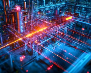 A mesmerizing view of an industrial complex with vibrant neon lights, showcasing the intricate network of machinery and technology.