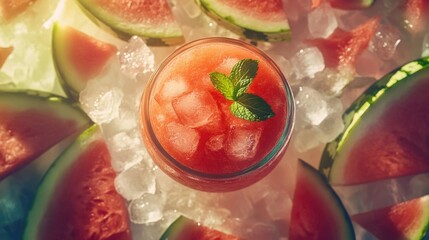 Overhead view of watermelon slushie in a glass jar with mint and ice cubes, surrounded by fresh watermelon slices