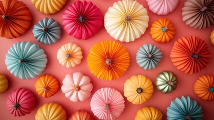 Colorful paper pumpkins on pink background.
