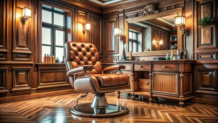 Classic Barbershop Interior: Brown Leather Chair, Bright Lighting, Mirror Reflection
