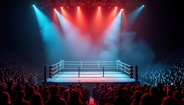 Empty boxing ring under spotlights in packed arena. Large crowd sits in stadium. Event awaiting. Sport competition. Energetic atmosphere. Championship match prep. Potential for thrilling fight. - Powered by Adobe