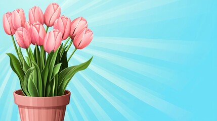 Pink tulips in flower pot against blue sky background nature scene