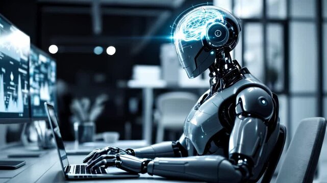Futuristic Robotic Assistant at Work Analyzing Complex Data Visualizations in Modern Office Setup