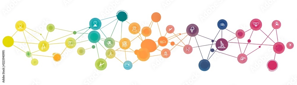 Poster abstract network connection illustration with colorful nodes representing data communication and dig