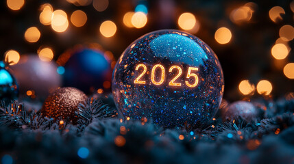 Crystal ball with glowing "2025" numbers sparkling in a festive, minimalistic setting with bright tones and blurred background, empty caption space for your message

