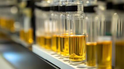 Close-up of test tubes filled with golden liquid in a laboratory setting, showcasing scientific research and experimentation.