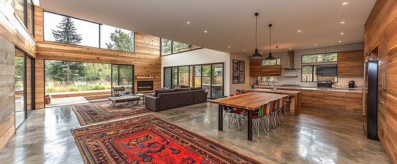 Open-plan modern home with wood walls, concrete floors, and large windows.