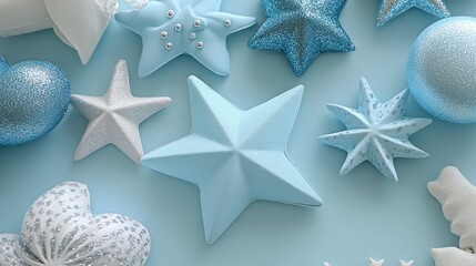 Obraz premium Pastel blue and white Christmas decorations on a light blue background.