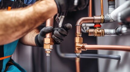 Obraz premium A close-up shot of a plumber repairing water pipes in an office building renovation project, Office plumbing repair scene, Practical and precise style