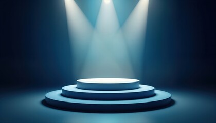 Empty podium with spotlights. Business success, achievement concept. Indoor setting suggests corporate event ceremony. Potentially business meeting, award ceremony, product launch. Ideal for business