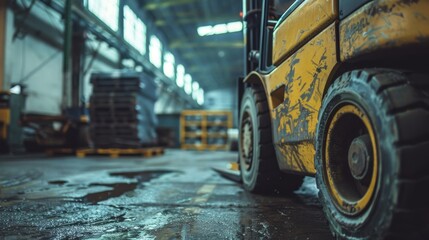 Naklejka premium Warehouse Forklift: A heavy-duty vehicle designed to lift and transport large pallets, providing a vital solution for handling goods in warehouses and distribution centers. 