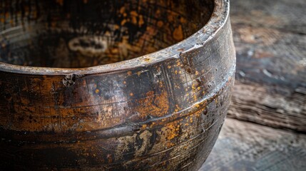 Fototapeta premium Iron Cauldron: A large, historic cooking pot made of solid cast iron, typically used over open fires for preparing hearty meals in traditional settings. 