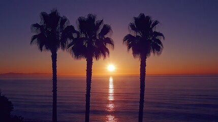 Palm trees in silhouette as the sun sets over a calm ocean, with rich colors of the sky blending together