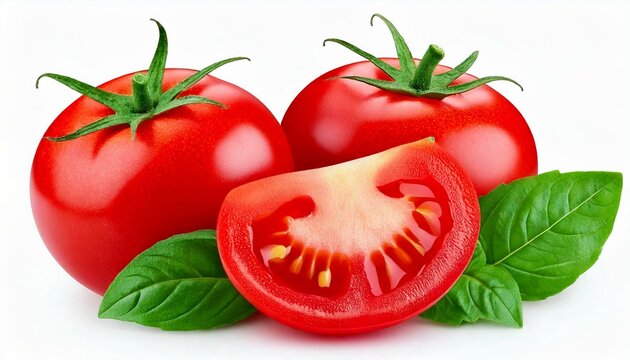 omato isolated. Tomato whole, half, on white background.