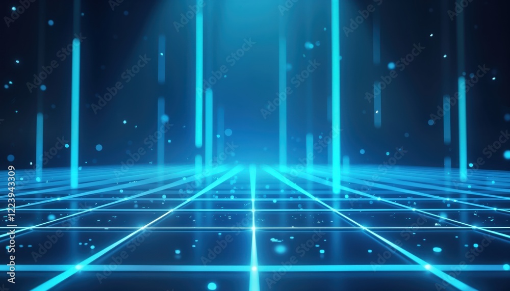 Poster blue light rays shine on grid floor. glowing lines, lights create tech futuristic design. dark blue 