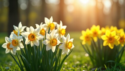 Fototapeta premium Spring meadow filled with white and yellow daffodils. Warm sunlight illuminates flowers. Beautiful spring nature scene. Vivid colors of flowers stand out against green grass. Peaceful and blooming.