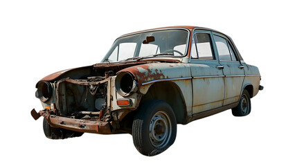 Rusty Vintage Car with Missing Engine and Peeling Paint Isolated on White Background

