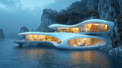 Futuristic coastal mansion, cliffside, night. Architecture visualization