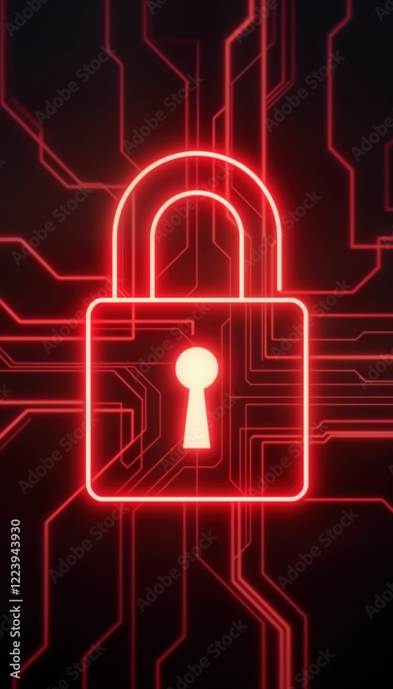 Poster Red glowing lock icon on dark tech background. Digital protection concept. Secure access. Cybersecurity symbol. Network safety illustration. Firewall tech. System security. Information privacy.