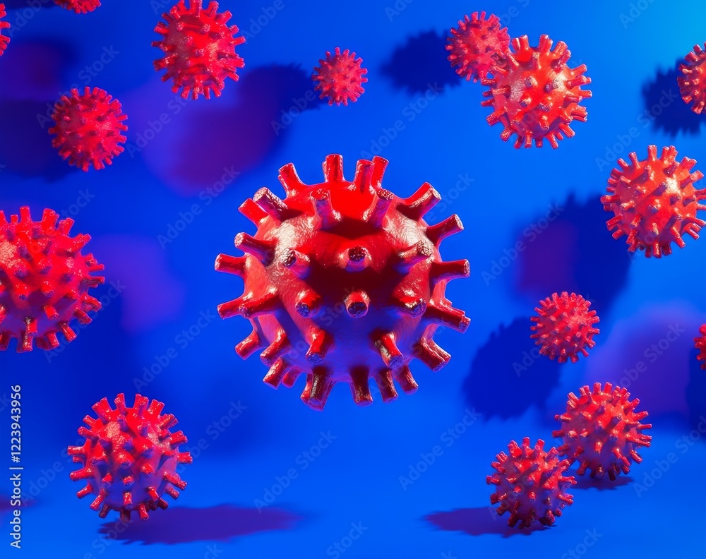 Poster microscopic 3d render of red viruses on blue background.