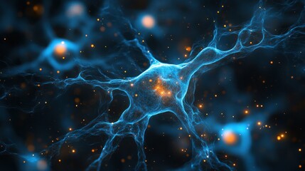 Naklejka premium Microscopic view of a neuron with glowing synapses.