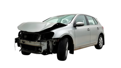 Damaged Silver SUV with Crumpled Hood and Missing Front Bumper Isolated on White Background

