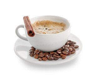 Cup of delicious espresso, coffee beans, cinnamon and saucer on white background