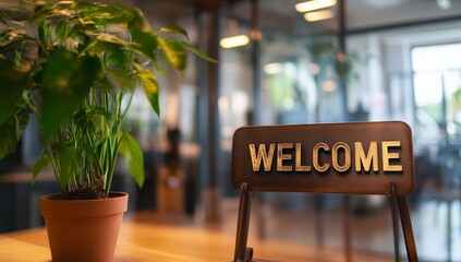 A 'welcome' sign on a desk symbolizes a friendly onboarding process in a modern office.