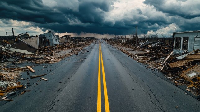 Desolate road through a devastated landscape under stormy skies.