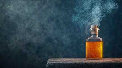 Mystical potion in a glass bottle with smoke effect.