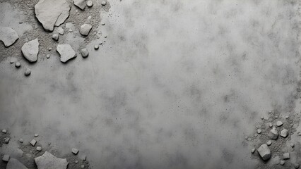 Abstract grey background with textured surface and scattered stone fragments, ideal for design projects.