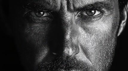 Obraz premium Intense man's portrait, dark background, serious expression, for film noir