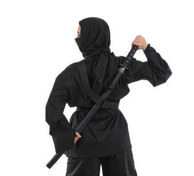 Female ninja with sword on white background, back view