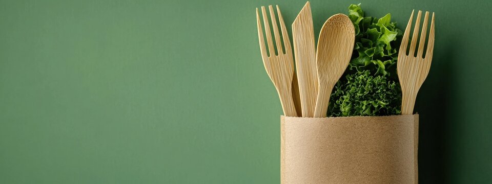 Eco-Friendly Utensils and Fresh Greens Nestled in Cardboard Holder on Green Background for Sustainable Dining