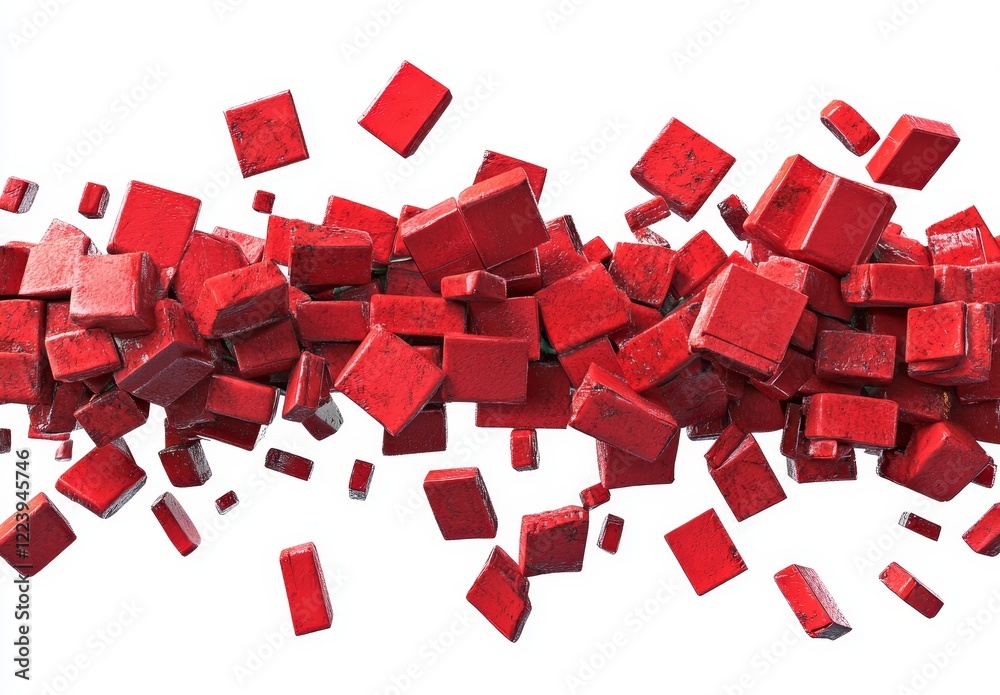 Poster red blocks explosion, scattered cubes isolated on white background.