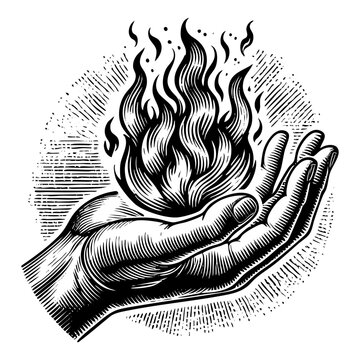 recommend clip art: Fire on hand engraving black and white outline. Scratch board imitation.  illustrated in vintage line art style on a white background.
                    